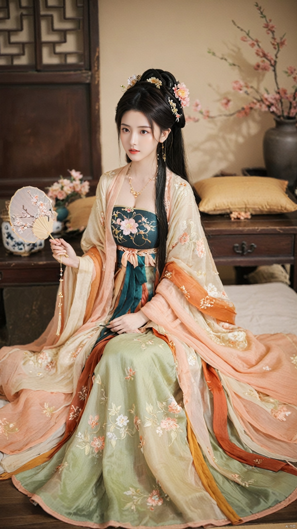 1girl, solo, long hair, black hair,Hairpins,necklace, hair ornament, long dress, full body, flower, earrings, indoors, hair bun, hanfu dress,(Tube top Hanfu long skirt:1.1),(Hand holding fan:1.2), pillow, bed, night, chinese clothes, table, branch,daxiushan, ,daxiushan style,(huge breasts:1.7), (full breasts), realistic,hanfu, daxiushan,Shoulders are exposed,daxiushan, arien_hanfu