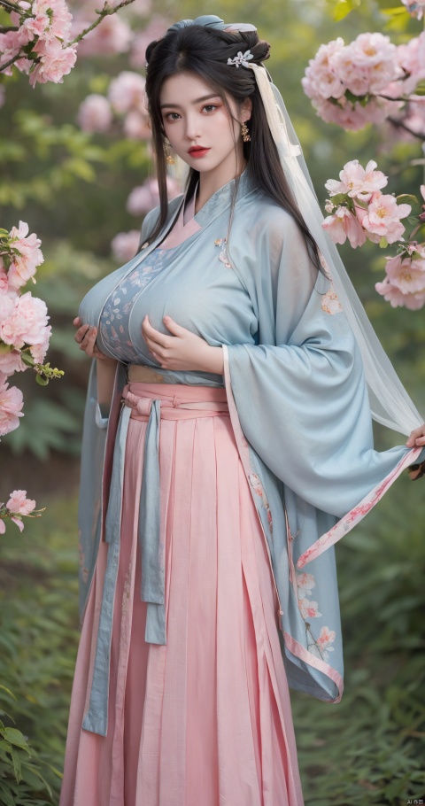 1girl, solo, pink Chinese clothes,
long hair, (butterfly:1.23), pale skin,pink hair, (long skirt hanfu:1.43),Hanfu, hime cut, bangs, bracelet, blunt bangs, Hands hang down naturally,jewelry, blue eyes, (fractal art Theme),cowboy shot, (alive skin), (big breasta:1.73),(colorful flowers:1.32),veil