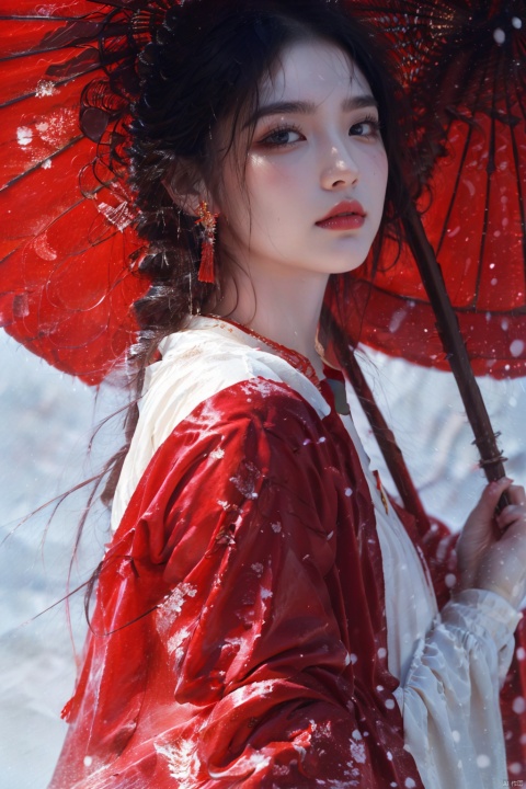  1girl, solo, long hair, looking at viewer, black hair, red eyes, long sleeves, holding, jewelry, upper body, earrings, outdoors, parted lips, Chinese clothes, from side, makeup, umbrella, lipstick, holding umbrella, red lips, oil-paper umbrella, red umbrella