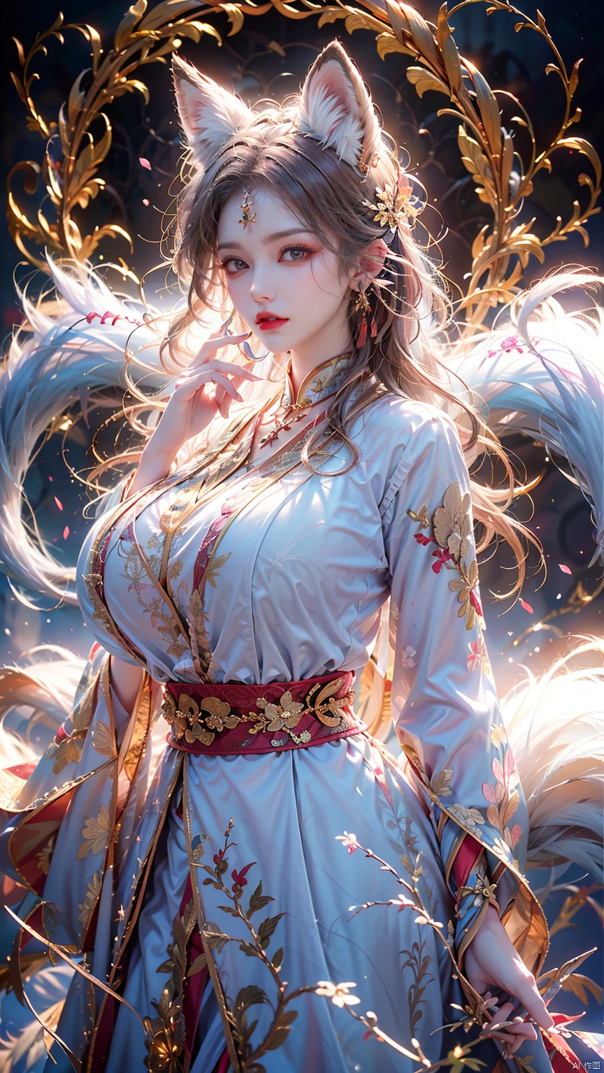  1 girl, solo, female focus, (Chinese dress）and red lips, bangs, earrings, kimono, Chinese cardigan, printed cloth, tassel, hand-held samurai knife.(Chinese dragon),(Huge Fox Pet),（White fox:1.3),(big breasts:1.59),
 (Masterpiece), (Very Detailed CGUnity 8K Wallpaper), Best Quality, High Resolution Illustrations, Stunning, Highlights, (Best Lighting, Best Shadows, A Very Delicate And Beautiful), (Enhanced) ·, long, machinery, Daofa Rune, shufa background, Spirit Fox Pendant