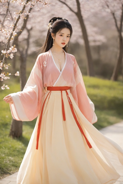  A girl,skirt,jewelry,long_hair,necklace,earrings,perfect body,standing,large breasts,looking at viewer,chinese clothes,china dress,hanfu,cherry_blossoms,in spring,sunny,sunny,wind,cloud,bright,
, ming_hanfu, daxiushan, weijin_hanfu