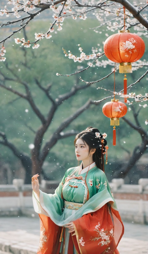(green|red hanfu),1girl,half,(Masterpiece:1.2), best quality, arien_hanfu,1girl, (falling_snow:1.39), looking_at_viewer,(big breasts:1.99),
BREAK,
Forbidden City, (plum blossoms:1.3),(Traditional Chinese lanterns hanging from the trees), hand101,(big breasts:1.89), GUOFENG, HanFu, HUBG_Beauty_Girl, MAJICMIX STYLE, Face Score