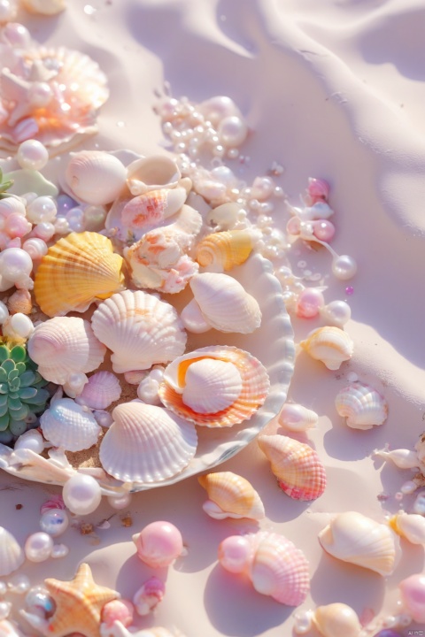 pearl_shell,(shiny,Colorful shiny seashells),still life,pearl,shell,beach,ocean, Succulent_Plants, weijin_hanfu, candy-coated