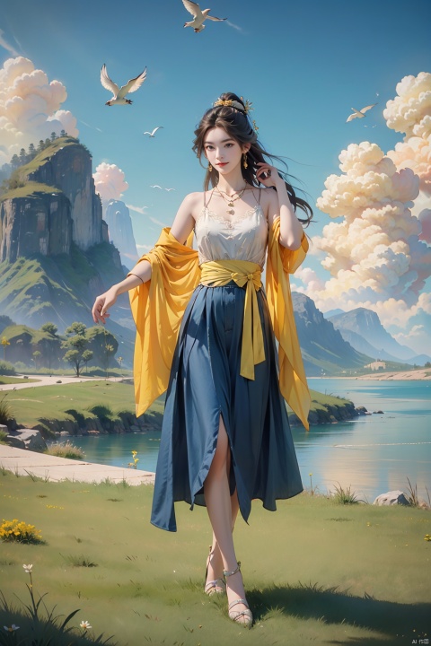  {masterpiece},{best quality},{1girl},Amazing,beautiful detailed eyes,solo,finely detail,Depth of field,extremely detailed CG,original, extremely detailed wallpaper,{{highly detailed skin}},{{messy_hair}},{small_breasts},{{longuette},{grassland},{yellow eyes},full body, incredibly_absurdres,{gold hair}.lace,floating hair,Large number of environments,the medieval ,grace,A girl leaned her hands against the fence,ultra-detailed,illustration, birds,Altocumulus,8kwallpaper,hair_hoop,long_hair,gem necklace,hair_ornament,prospect,water eyes,wind,breeze,god ray,lawn,Mountains and lakes in the distance,The skirt sways with the wind,The sun shines through the trees,A vast expanse of grassland,fence,Blue sky,bloom,smile,glow,The grass sways in the wind, Xiaolan, tian_qi_ji, nezha, ycbh, aoguang