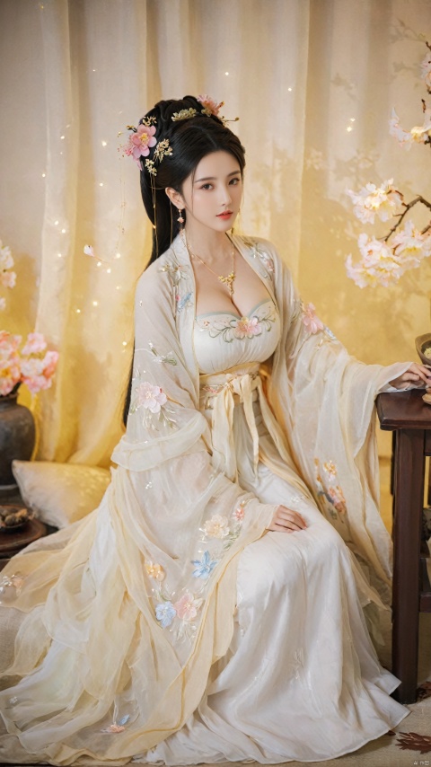  1girl, solo, long hair, breasts, black hair,Hairpins,necklace, hair ornament, dress, cleavage, full body, flower, earrings, indoors, hair bun, white dress, pillow, bed, night, chinese clothes, table, branch,daxiushan, ,daxiushan style,(huge breasts:1.6), (full breasts:1.39), realistic,hanfu, daxiushan,Shoulders are exposed, , daxiushan, arien_hanfu