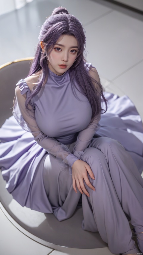  purple element,looking from above,above the knee,appear on camera,purple eyes,purple_flower,XYunxiao,,(big breasts:1.39),1girl,(purple Round neck dress:1.23),Masterpieces,