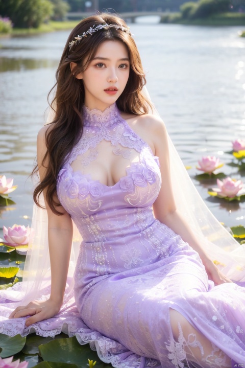  1girl, solo, long hair, looking at viewer, large breasts, brown hair,,masterpiece,1girl,(mature female:0.5),tall body,full body,golden proportions,(Kpop idol),(shiny skin:1.2),(oil skin:1.1),makeup,(close up),depth of field,(closed mouth:0.5),((long wavy brown hair)),(puffy eyes),(eyelashes:1.1),(parted lips:1.1),red lipstick,fantasy art style,dreamy light,(high neck purple wedding dress:1.59),(purple long wedding dress:1.39),(lace:1.49),perfect body,(dreamy veil:1.3),(dusk:1.2),(princess shoes:1.1),(diamond necklace),(crystal hairpin),tyndall effect,highres,(Sitting on the grass by the river:1.56), (lotus pond full of lotus flowers:1.59), (big breasts:2.12),(Flowers:1.69)