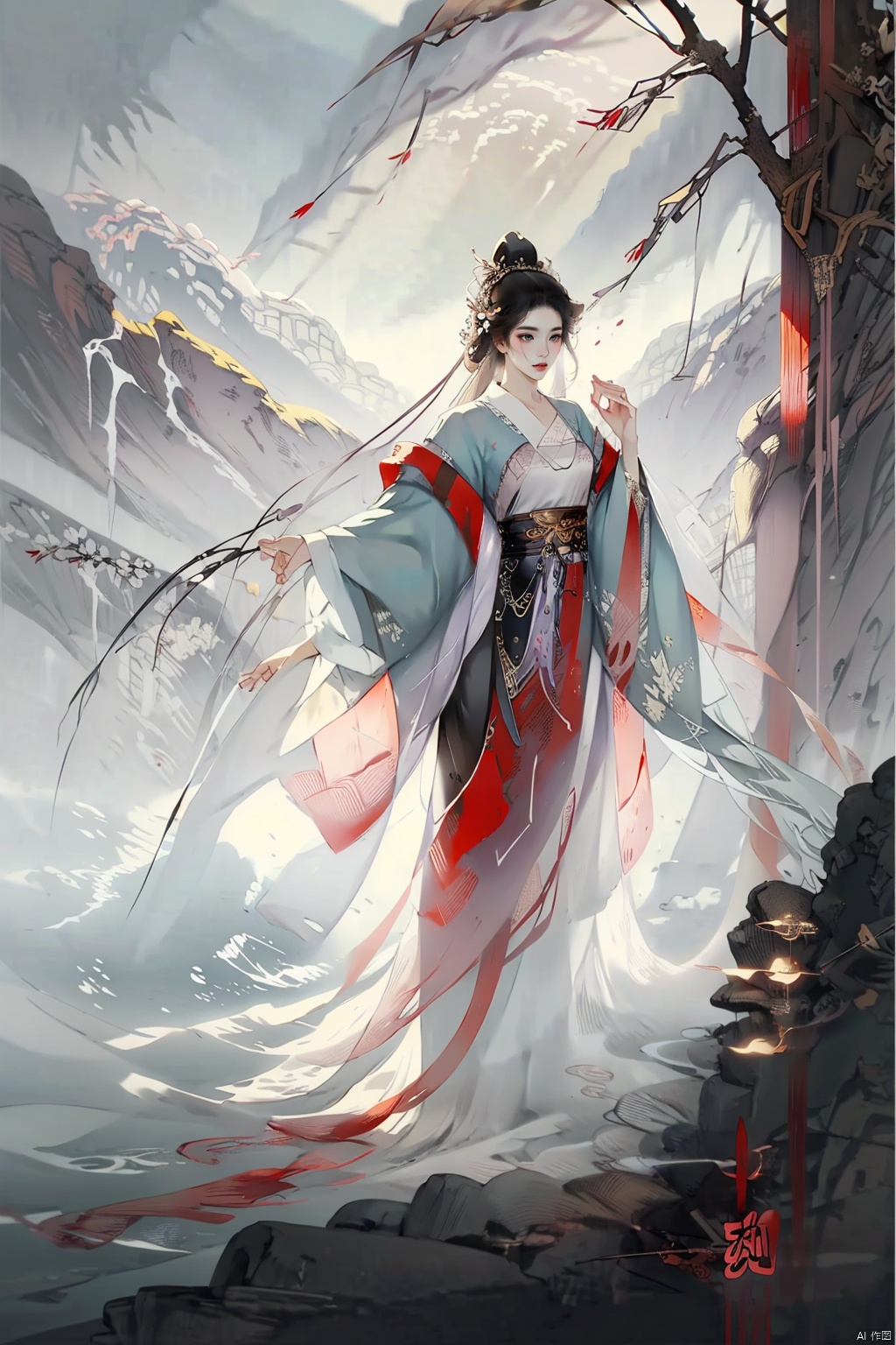  In one ink painting, a woman dressed in lilac stands in front of a foggy landscape. Her figure seems to be part of the painting, integrated with the surrounding mountains and water. Her eyes are deep, as if in contemplation of the mood. Her outstretched hands, moving her graceful body, her fingers gently touching the hem of her skirt, reveal a gentle sensuality in her movements. Traditional Chinese ink painting;