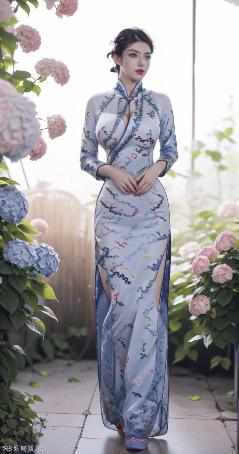 1girl,front,(full body),mottledsunlight,hydrangea flowers field,photoparticle,refracted light,light particles,sparkle,backlighting,hydrangea flower,china dress\(haihang\),lingxing, (big breasts:1.99),(Cheongsam with high slits for carrying around:1.69),(cleavage:1.5),(Deep V:1.5),