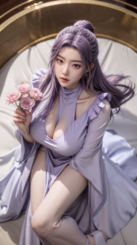  purple element,looking from above,above the knee,appear on camera,purple eyes,pink flower,XYunxiao,(big breasts:1.59),1girl,(purple Round neck dress:1.23),Masterpieces,