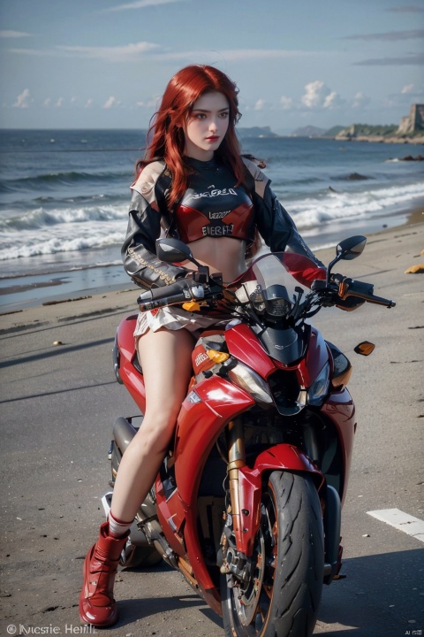  Masterpiece,best quality,(Highest picture quality),(Master's work),(ultra-detailed),{top quality},(sea background:1.2),(1 girl driving a motorcycle:1.4),(red hair:1.3),(bare long leg:1.1),desert background