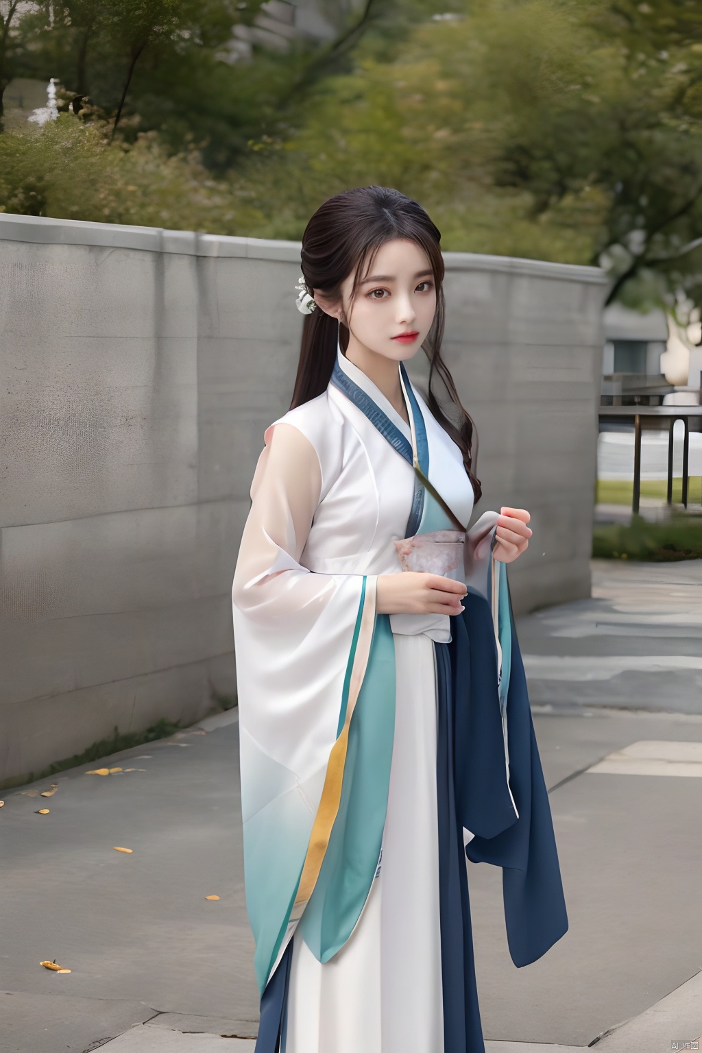  Best quality, masterpiece, ultra high res, (photorealistic:1.2), a girl,Depth of field,1girl,solo,Hashimoto_Kanna,school uniform, hanfu, calligraphic, song_hanfu