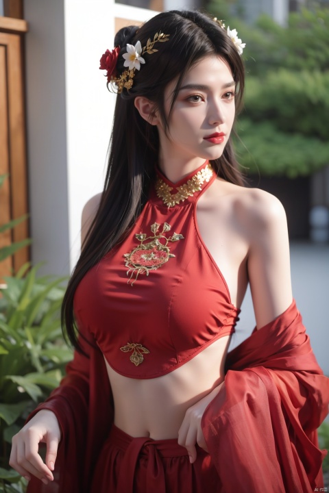  1girl, navel, solo, midriff, bare shoulders, lantern, hair ornament, flower, hair flower, paper lantern, black hair, red lips, looking at viewer, chinese clothes, dress, blurry, solo focus, long hair, lips, night, lipstick, outdoors, upper body, blurry,huge breasts. background, solo, makeup, hair bun,nude, Hashimoto_Kanna