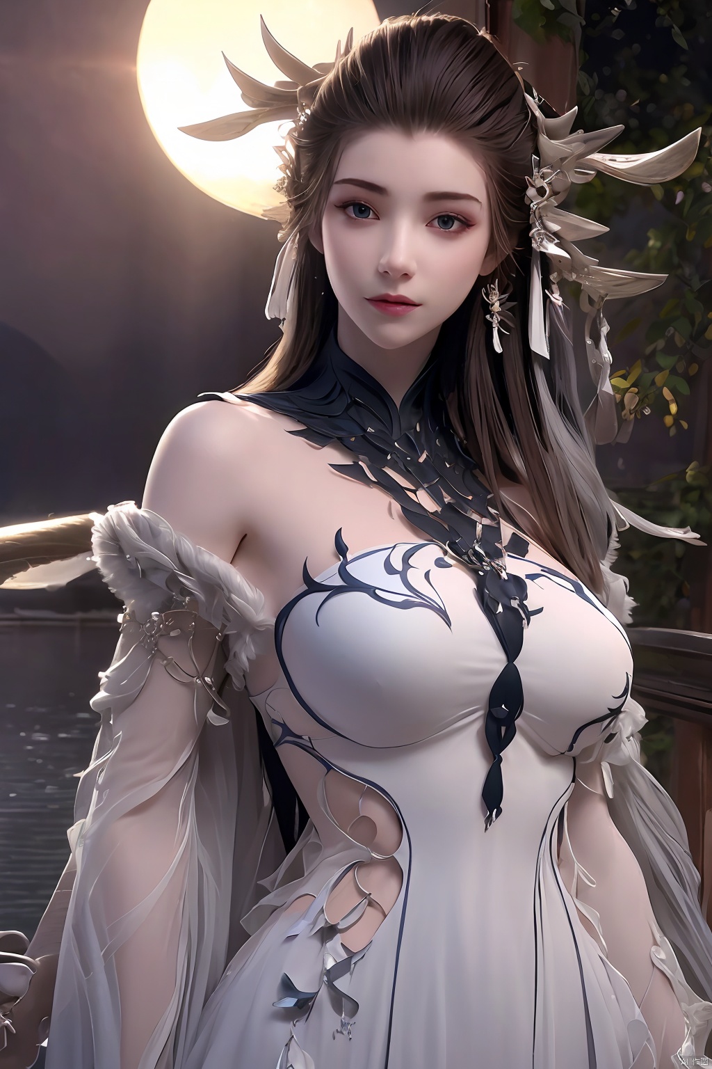 outdoor,(large breasts:1.29),flowers,floating hair,sky,rainbow,full moon,sky,stars,bamboo forest,river,1girl, solo, hair ornament, dress, jewelry, earrings, upper body, braid,  looking at viewer, long hair,official art,extremely detailed cg 8k wallpaper,looking at viewer,(extremely delicate and beautiful),Xbaiyijun,Ancient costume