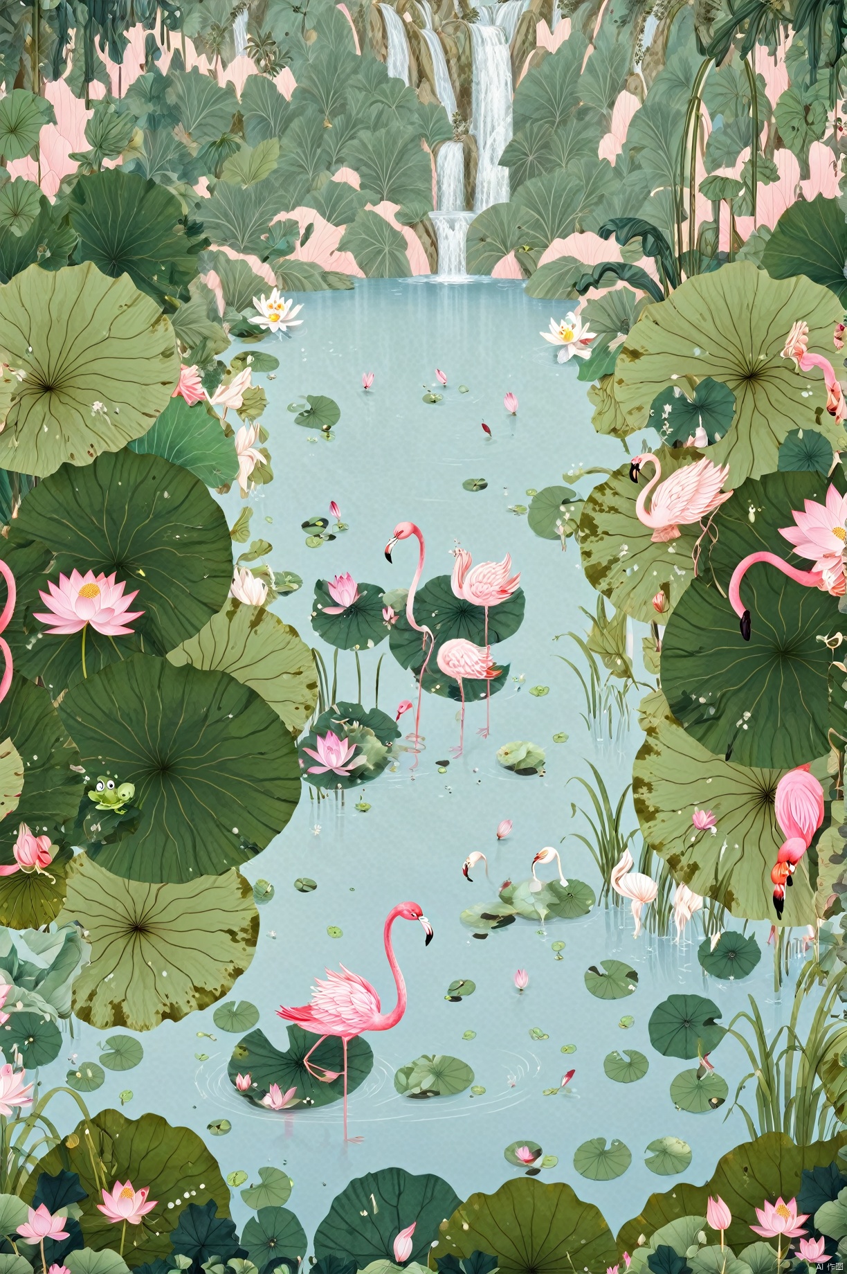  (best quality),((masterpiece)),(highres),original,extremely detailed 8K wallpaper,(an extremely delicate and beautiful), Children's Illustration Style,Waterfall, lotus pond, lotus, frog, flamingo