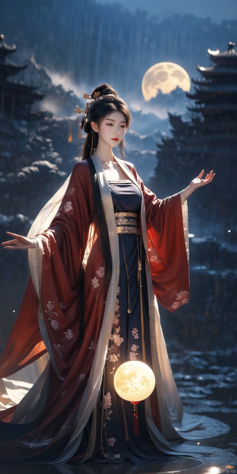  masterpiece,best quality,extremely detailed 8K wallpaper,1girl,chang,long sleeves,huge breasts,((moon)),starry sky,(lighting particle),fog,snow,(bloom), qingsha