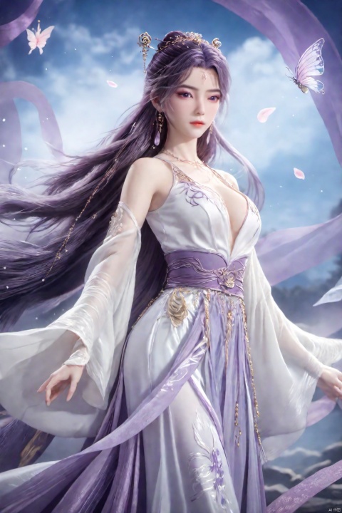  best quality,masterpiece,1girl,solo,long hair,looking at viewer,jewelry,closed mouth,purple eyes,upper body,purple hair,earrings,blurry,blurry background,sunlight,red lips,(big breasts:1.59), Yunxiao_xianzi, Brigitte Lin, X-aurora, pearl_shell, song_hanfu, fantasy_butterfly, Succulent_Plants