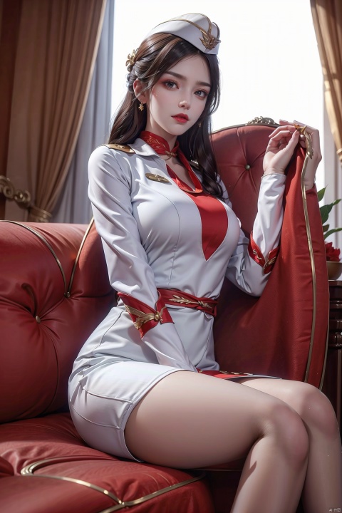  1girl,red lips, hat, thighs,Stewardess,chinese_clothes,white_dress,glasses