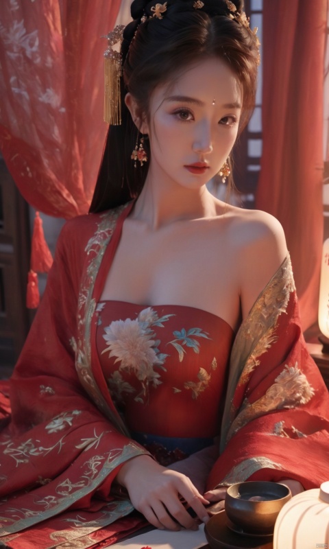 A young girl wearing a red Song Dynasty silk tulle Hanfu sat in a luxurious room, with candle shadow and red makeup,(big breasts:1.3),Best quality,realistic,photorealistic,masterpiece,extremely detailed CG unity 8k wallpaper,best illumination,best shadow,huge filesize,incredibly absurdres,absurdres,looking at viewer,