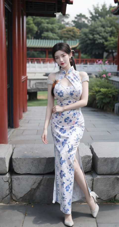 (global illumination, reality,ray tracing, HDR, unreal rendering, reasonable design, high detail, masterpiece,best quality, ultra high, movie lighting),
1girl,outdoor,looking_at_viewer,side_blunt_bangs,china_dress,chinese_style,(big breasts:1.73),pose,solo,1girl,black hair,black eyes, (pink flowers:1.3), qipao