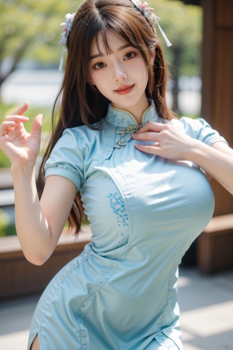 best quality, masterpiece,Depth of field,kind smile,looking_at_viewer,Dynamic pose,RAW photo,1girl,Xcheongsam,(big breasts:1.39),
