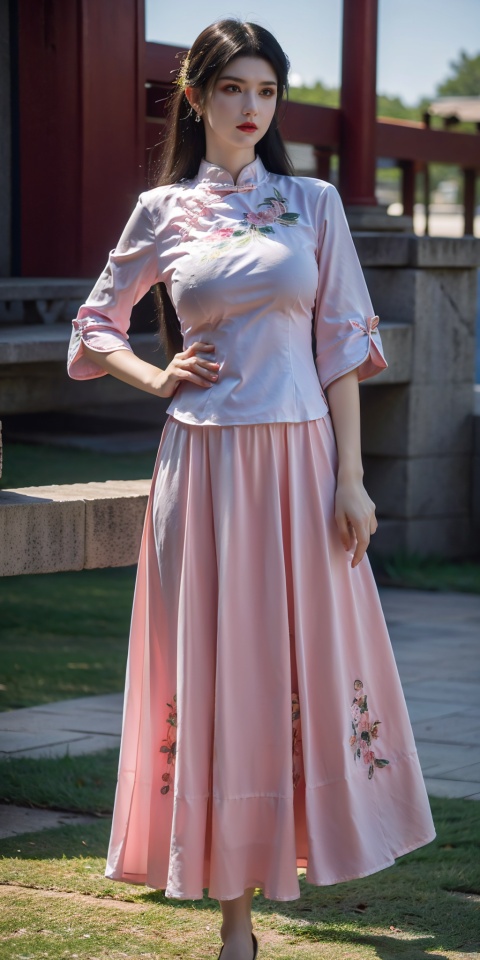 (pink|blue printed chinese upshirt:1.1),
BREAK,
(red long skirt:1.29),1 girl,(big breasts:1.8), high heels,(short hair:1.1), (realistic:1.7),((best quality)),absurdres,(ultra high res),full body,(photorealistic:1.6),photorealistic,octane render,(hyperrealistic:1.2), (big breasts:1.8), (photorealistic face:1.2), (8k), (4k), (Masterpiece),(realistic skin texture), (illustration, cinematic lighting,wallpaper),( beautiful eyes:1.2),(perfect face:1.5),(cute),(standing),(black hair),(very long hair), (outdoors),long skirt, QIPAO,, (big breasts:1.89),1girl