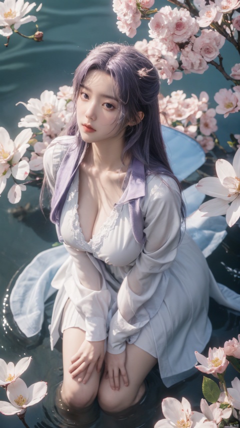  purple element,looking from above,above the knee,appear on camera,blue eyes,white_flower,XYunxiao,,(big breasts:1.19),1girl,moyou