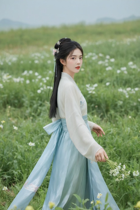  Enhanced, masterpiece, 16K, girl, Solo, Flower Field, rape flower, (\meng ze\), yue , hair ornament , hanfu,(big breasts:1.79), (full breasts:1.59),ming_hanfu, qingyi