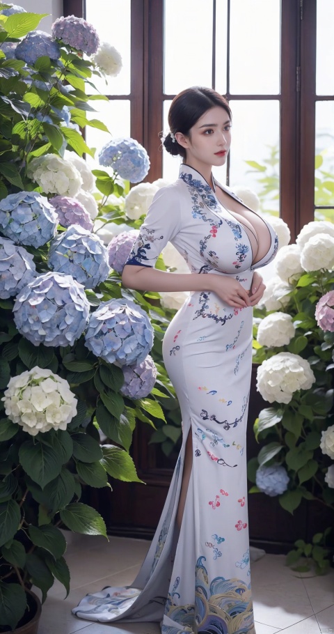 1girl,front,full body,mottledsunlight,hydrangea flowers field,photoparticle,refracted light,light particles,sparkle,backlighting,hydrangea flower,china dress\(haihang\),lingxing, (big breasts:1.99),