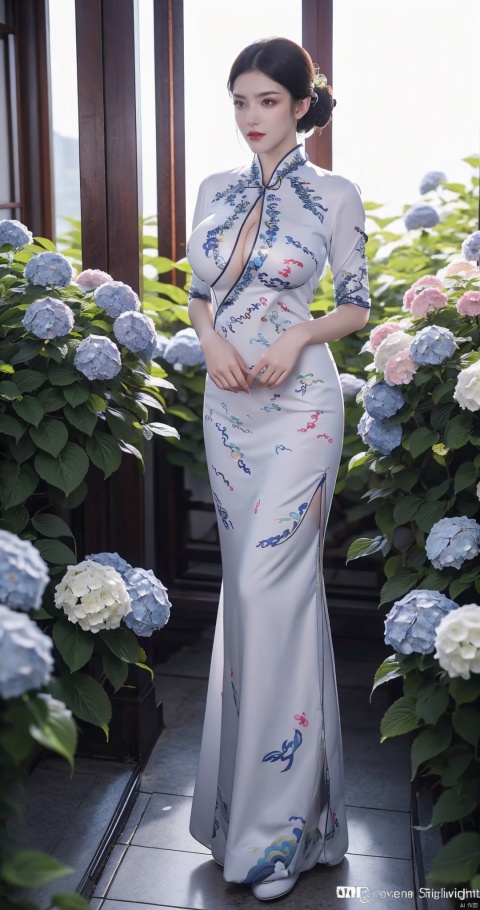  1girl,front,(full body),mottledsunlight,hydrangea flowers field,photoparticle,refracted light,light particles,sparkle,backlighting,hydrangea flower,china dress\(haihang\),lingxing, (big breasts:1.93),(Cheongsam with high slits for carrying around:1.3)