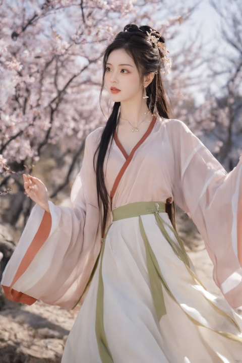  A girl,skirt,jewelry,long_hair,necklace,earrings,perfect body,standing,(large breasts:1.29),looking at viewer,chinese clothes,china dress,hanfu,cherry_blossoms,in spring,sunny,sunny,wind,cloud,bright,
, ming_hanfu, daxiushan, weijin_hanfu