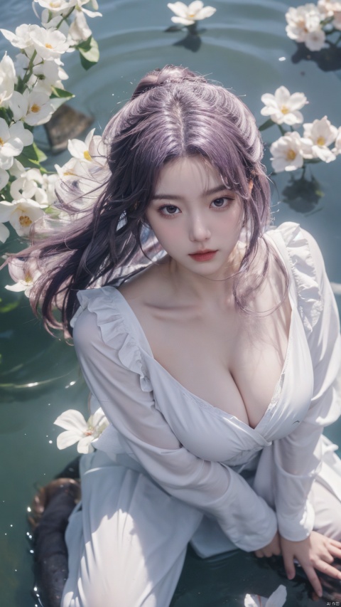  purple element,looking from above,above the knee,appear on camera,blue eyes,white_flower,XYunxiao,,(big breasts:1.19),1girl,moyou