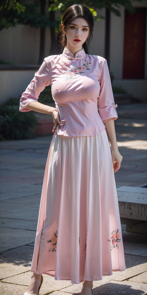 (pink|blue printed chinese upshirt:1.1),
BREAK,
(blue long skirt:1.2),1 girl,(big breasts:1.8), high heels,(short hair:1.1), (realistic:1.7),((best quality)),absurdres,(ultra high res),full body,(photorealistic:1.6),photorealistic,octane render,(hyperrealistic:1.2), (big breasts:1.8), (photorealistic face:1.2), (8k), (4k), (Masterpiece),(realistic skin texture), (illustration, cinematic lighting,wallpaper),( beautiful eyes:1.2),((((perfect face)))),(cute),(standing),(black hair),(short hair), (outdoors), , long skirt, QIPAO,, (big breasts:1.8),1girl