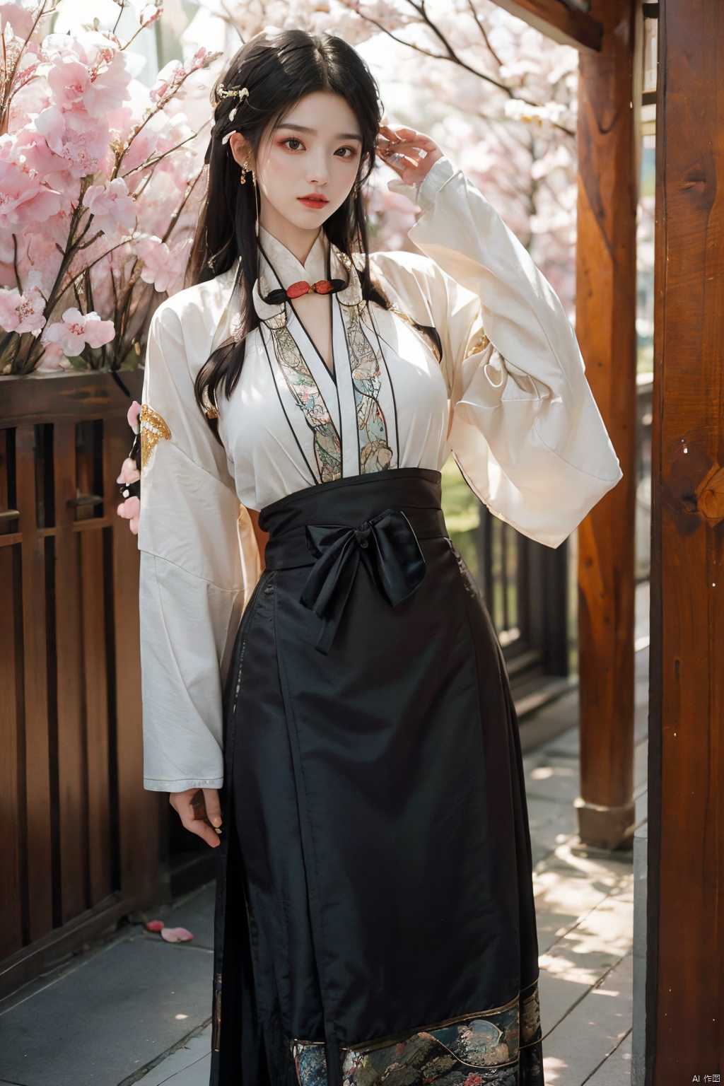 ming_hanfu,1girl,(spring,flowers:1.2),looking_at_viewer,,(big breasts:1.29), hanfu