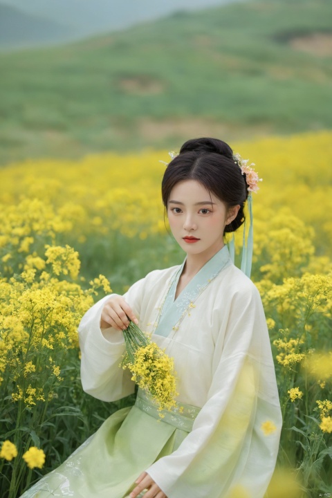  Enhanced, masterpiece, 16K, girl, Solo, Flower Field, rape flower, (\meng ze\), yue , hair ornament , hanfu,(big breasts:1.79), ming_hanfu