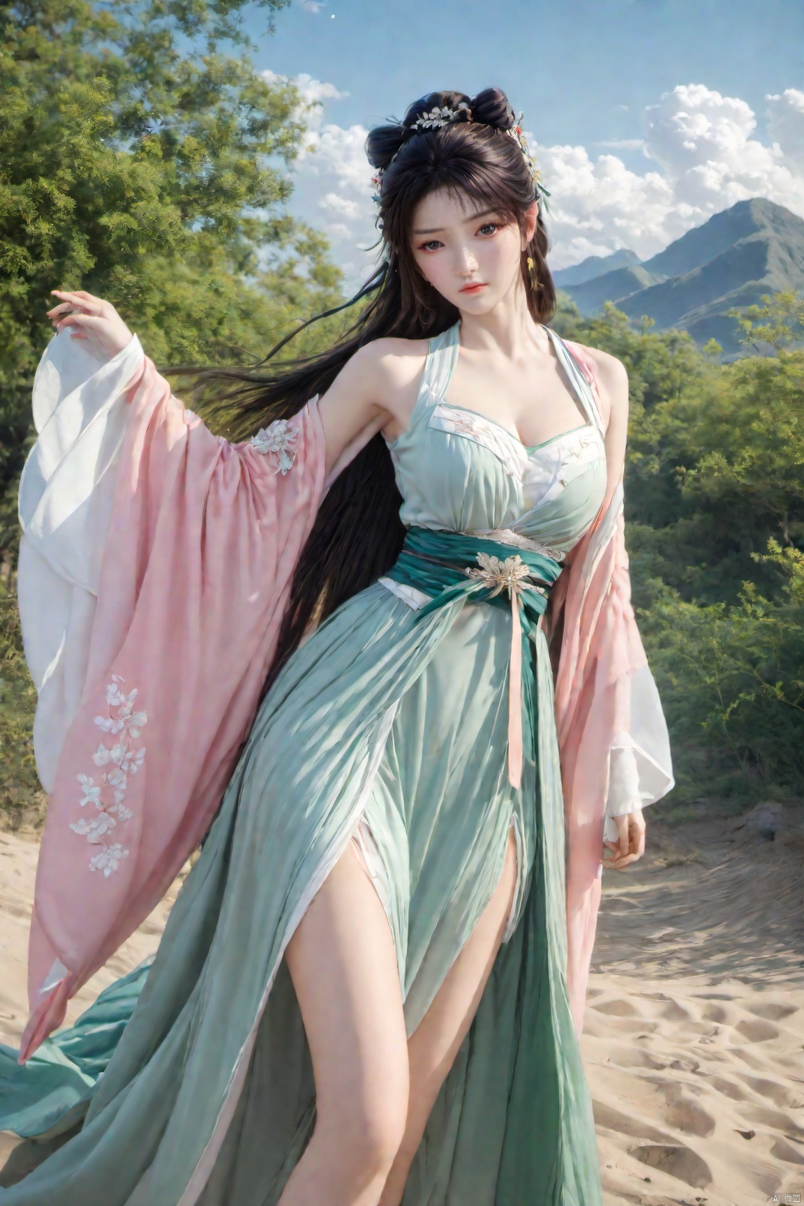 Surrealist beauty photo, hanfu,Xtianxiwei,(big_breasts:1.69), Yunxiao_Fairy,1girl,moyou, Yunxiao_xianzi, desert_sky, song_hanfu,chinese woman