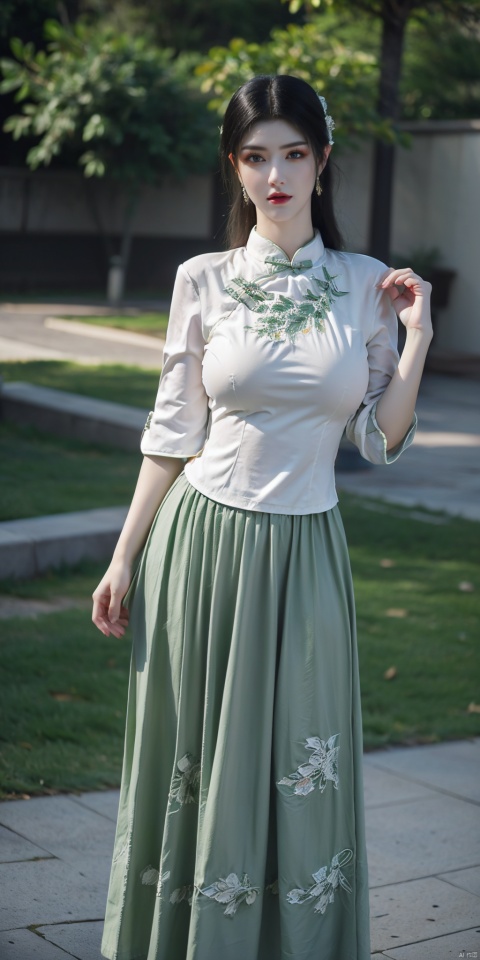  (light green printed chinese upshirt),(white green long skirt),1 girl,(big breasts:1.6), high heels,(long hair:1.1), (realistic:1.7),((best quality)),absurdres,(ultra high res),(photorealistic:1.6),photorealistic,octane render,(hyperrealistic:1.2), (big breasts:1.7), (photorealistic face:1.2), (8k), (4k), (Masterpiece),(realistic skin texture), (illustration, cinematic lighting,wallpaper),( beautiful eyes:1.2),((((perfect face)))),(cute),(standing),(black hair),(short hair), (outdoors), , long skirt, QIPAO,, (big breasts:1.8), , 1girl