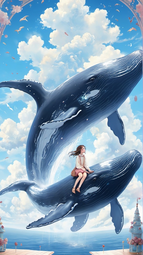  blue sky, white cloud, a big whale fly in the sky, a girl sitting on the whale, masterpiece, illustration, extremely delicate and beautiful, very detailed, CG, amazing, fine detail, masterpiece, best quality, official art,QMSJ,candy-coated,1girl