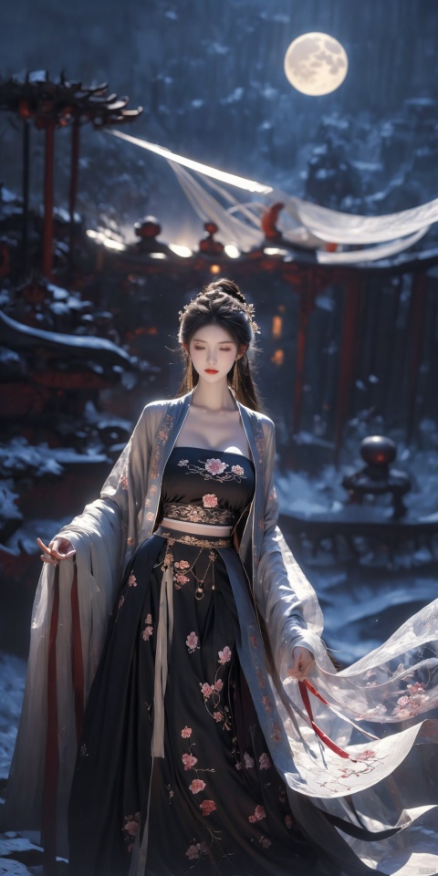  masterpiece,best quality,extremely detailed 8K wallpaper,1girl,chang,long sleeves,(huge breasts:1.23),((moon)),starry sky,(lighting particle),fog,snow,(bloom), qingsha