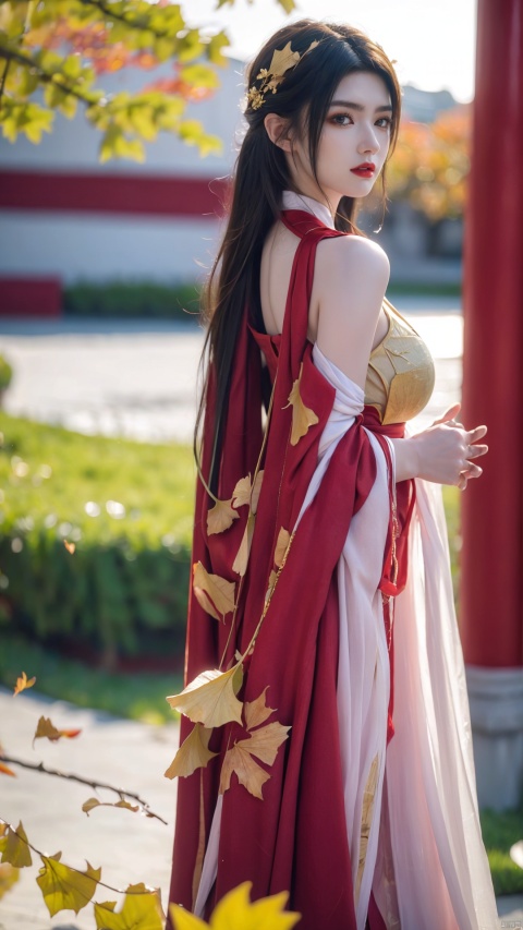  arien_hanfu,1girl,red hanfu
BREAK,
(In autumn, the falling leaves cover the ground with golden ginkgo leaves:1.2),looking_at_viewer,(big breasts:1.2)