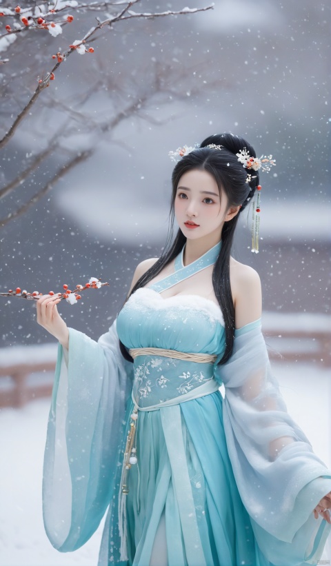 arien_hanfu,1girl,half,(Masterpiece:1.2), best quality, arien_hanfu, 1girl, (falling_snow:1.3), looking_at_viewer,(big breasts:1.39), hand101, MAJICMIX STYLE