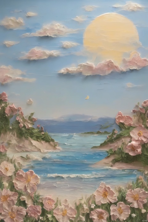 Healing_Painting,flower,oil painting,(rabbit,sky,cloud,moon),beach,mountain,