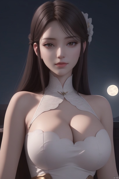(1girl,best quality, ),looking at viewer,  ,ultra detailed background,ultra detailed background,ultra realistic 8k cg ,masterpiece, cure blossom, full moon,night,night sky,  (big breasts),Xxiaoxuner