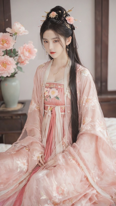  1girl, solo, long hair, black hair,Hairpins,necklace, hair ornament, long dress, full body, flower, earrings, indoors, hair bun, pink dress,(Tube top Hanfu long skirt:1.1), pillow, bed, night, chinese clothes, table, branch,daxiushan, ,daxiushan style,(huge breasts:1.7), (full breasts), realistic,hanfu, daxiushan,Shoulders are exposed, , daxiushan, arien_hanfu