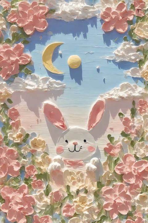 Healing_Painting,flower,oil painting,(rabbit,sky,cloud,moon),beach,mountain,