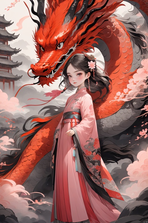  masterpiece, best quality, 1girl, wear pink chinese traditional hanfu,floral print,pink dragon on the left side behind,super detailed,8K,wallpaper,illustration,red and grey black illustration,intricate details,clear lines,bright and soft light