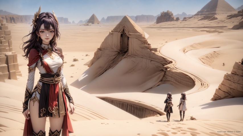 (masterpiece, best quality, best shadow,official art,Ultra High Definition Picture),

4+ girls, multiple colored hairs, random cute faces, group shot, zoom camera, (smile:1.2),
dynamic angle, floating, Desert Oasis Background, Ancient Egypt, lake, kandisi,
(distance shot:1.5), (full_body:1.2), (full body:1.2), 
small breast, long_legs, 
kneehigh_boots, thighhigh_boots, 
pyramid,
front, front_view, standing, knees_together_feet_apart, , Ylvi-Tattoos