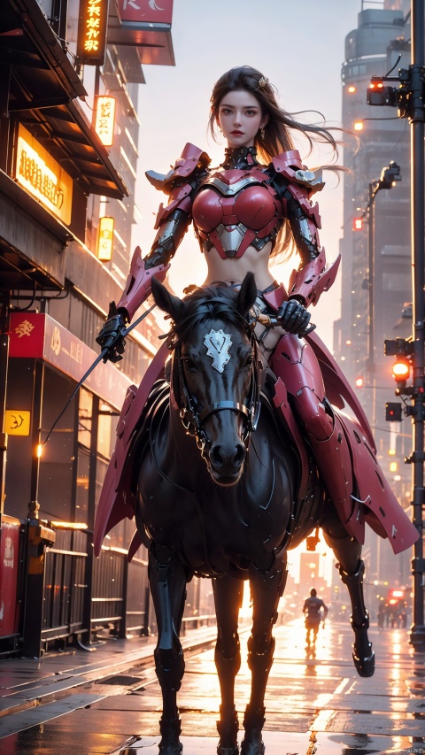  A semi mechanical woman riding a semi mechanical horse,mechanical warhorse,exoskeleton horse,mechanical horse armor,high quality, game CG, wallpaper, galloping on the streets, cyberpunk, mechanical joints, paint reflections, lights, neon lights,(mechanicalparts),mechanicalarm,cyberpunk,mechanicalbody,Pink Mecha