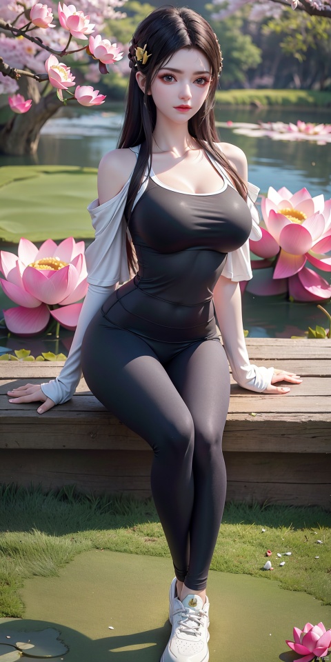  Best quality, masterpiece, 8K,very long hair, (Viewer:1.5), 1 girl, (Tight off-the-shoulder T-shirt:1.2), yoga pants, sports shoes,(Sitting on the golf course grass:1.1) , whole body, (big breasts:1.46),(Cherry blossoms, lotus, lotus pond:1.39)