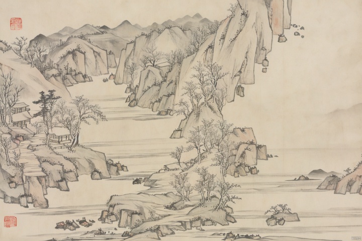 Chinese style ink landscape painting, trees, mountains, rivers, huts, boats